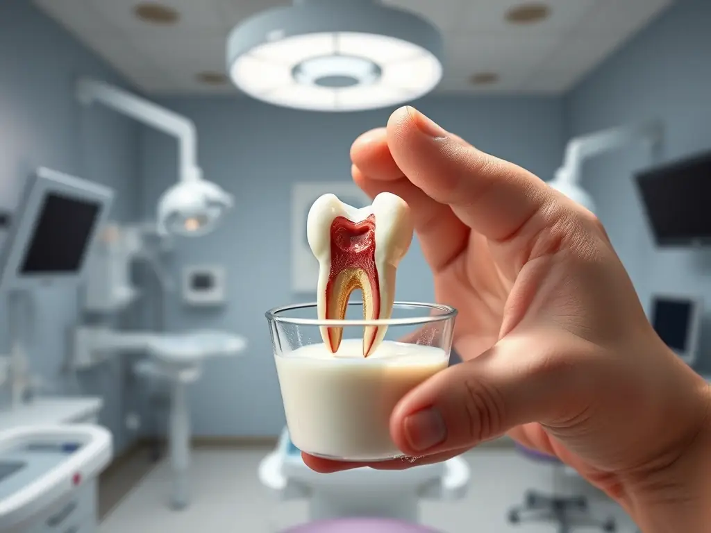 An image of a knocked-out tooth being carefully placed in a container of milk. The background should be a sterile environment, suggesting a dental clinic.