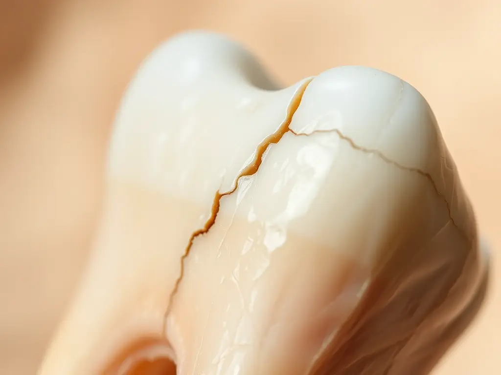 A close-up image of a cracked tooth, emphasizing the visible damage and potential pain. The background should be blurred to focus on the tooth.