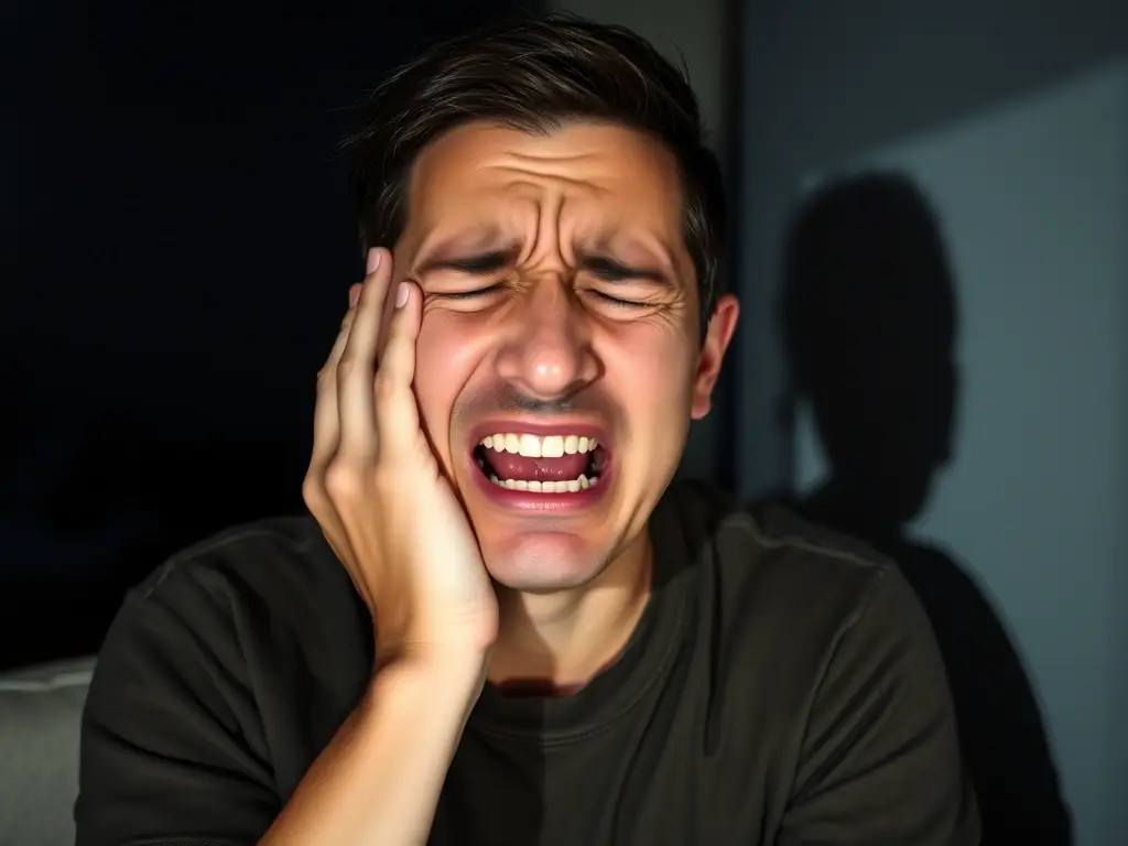 A person holding their cheek in pain, indicating a severe toothache. The background should be a dimly lit room to emphasize the discomfort.