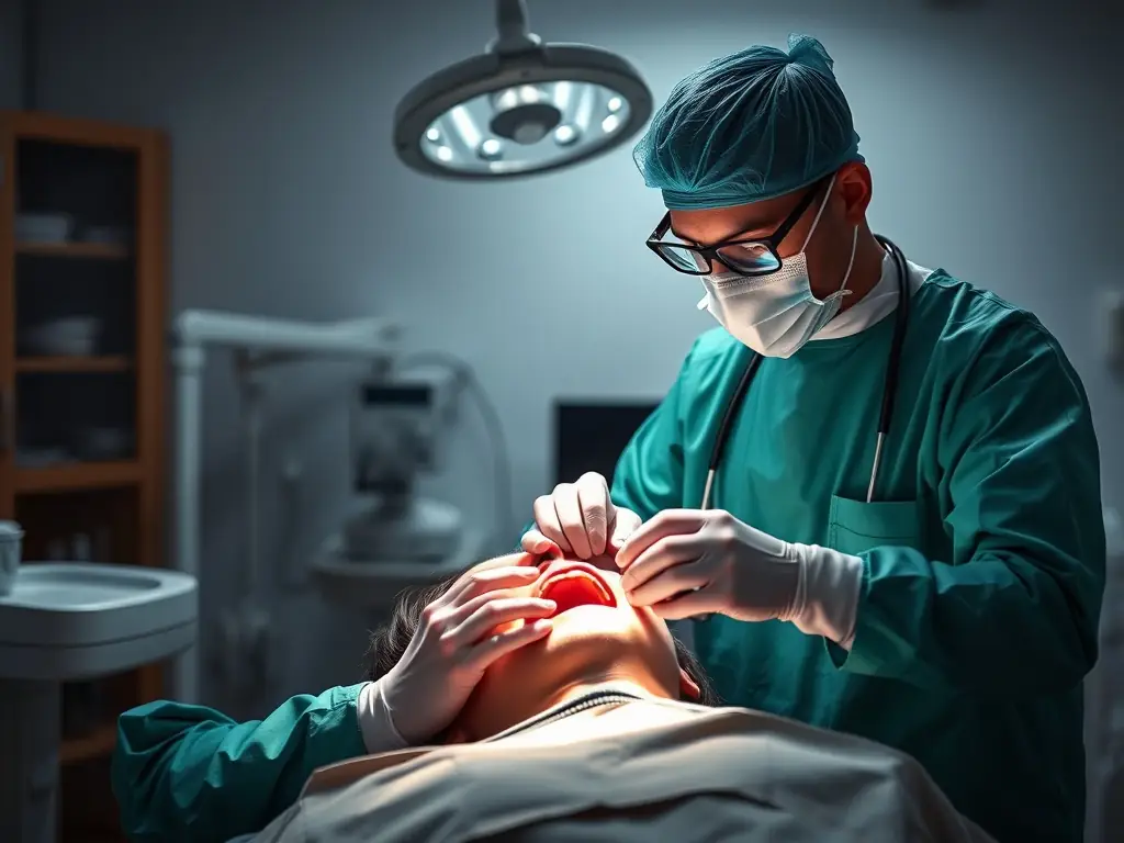 A patient receiving emergency dental care for a broken tooth, with the dentist providing immediate treatment and relief. The scene emphasizes the urgency and effectiveness of the care.