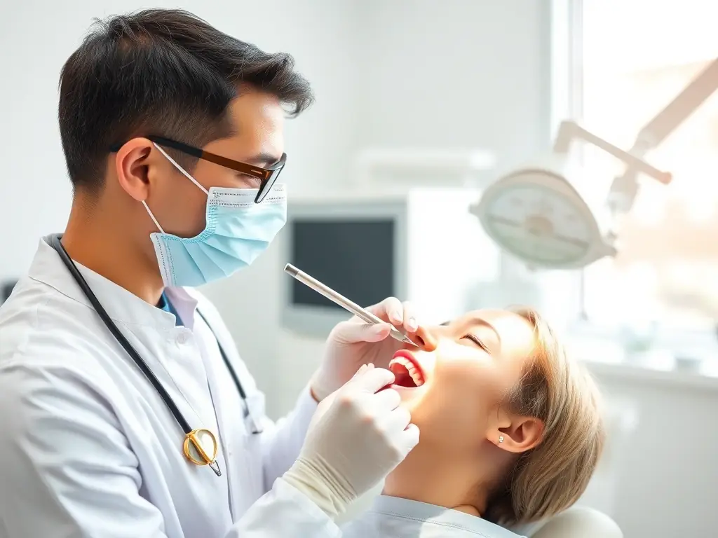A dentist performing a routine dental cleaning on a patient, using specialized tools to remove plaque and tartar. The setting is a modern, clean dental office with soft lighting.