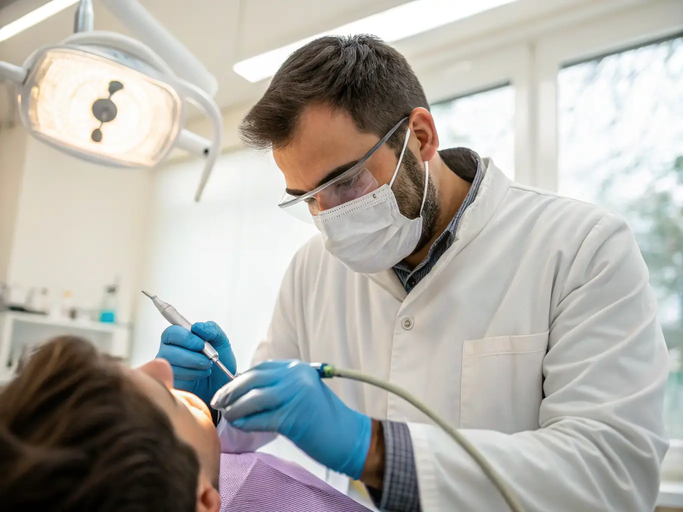 A dentist performing a root canal procedure, using advanced technology to treat an infected tooth. The image showcases the precision and care involved in the process.